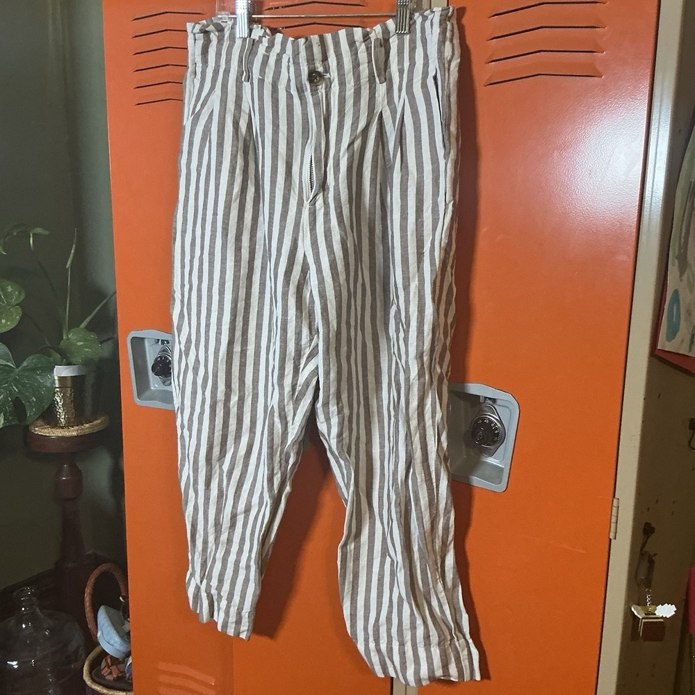 Madewell Women's Linen Blend Track Trousers Pants Neutral Stripe Print Size 8